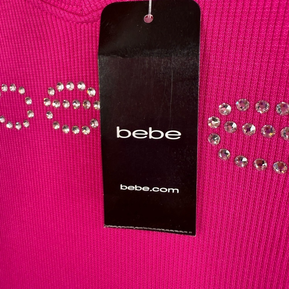 Bebe Swarovski T-shirt rhinestone bling brand new Y2K Women's Fuchsia V-Neck Tee - Picture 6 of 15